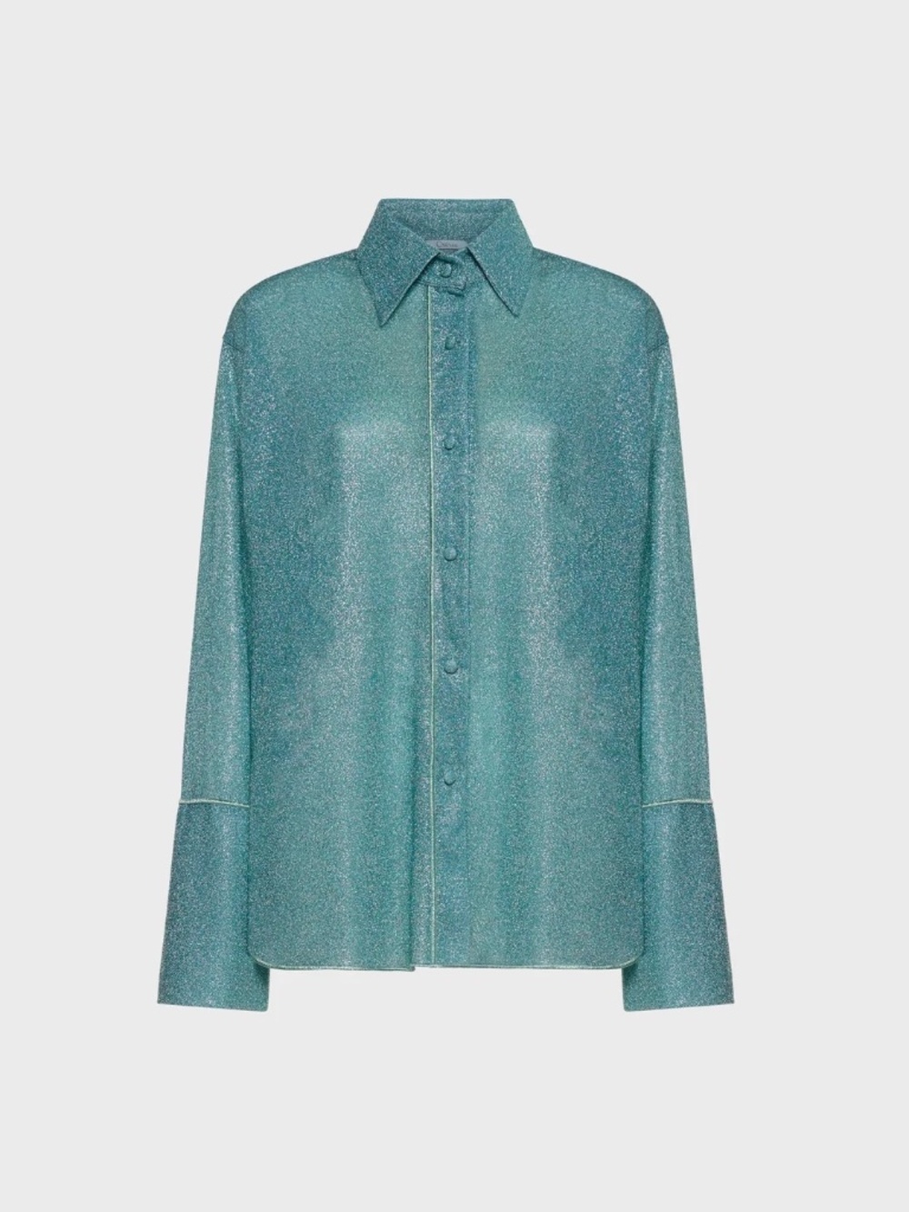 Oseree Lumiere Lurex Sleeves Sea Turquoise Metallic Button Down Shirt S/M